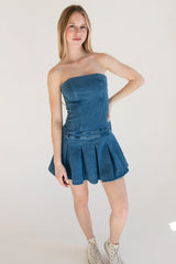 Strapless Denim Pleated Mini Dress