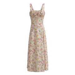 White Floral Ruched Neckline Bow Long Dress