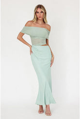 Amaya Mesh One Sleeve Satin Skirt Maxi Dress - Sage Green
