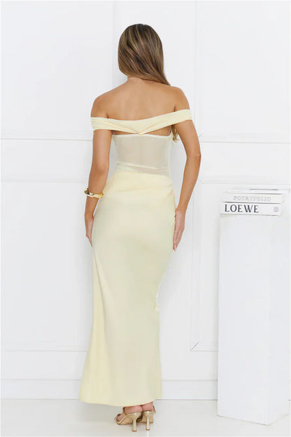 Silent Dreams Mesh Satin Off Shoulder Maxi Dress