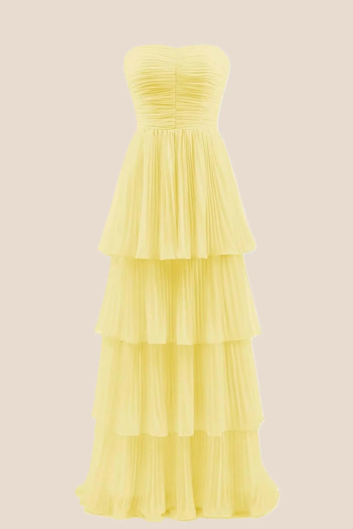Yellow Chiffon Pleated A-line Tiered Maxi Dress
