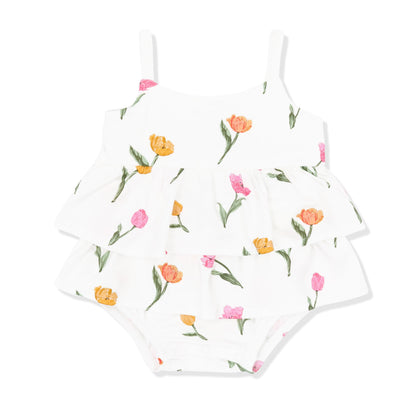 Spaghetti Strap Ruffle Romper in Tulip