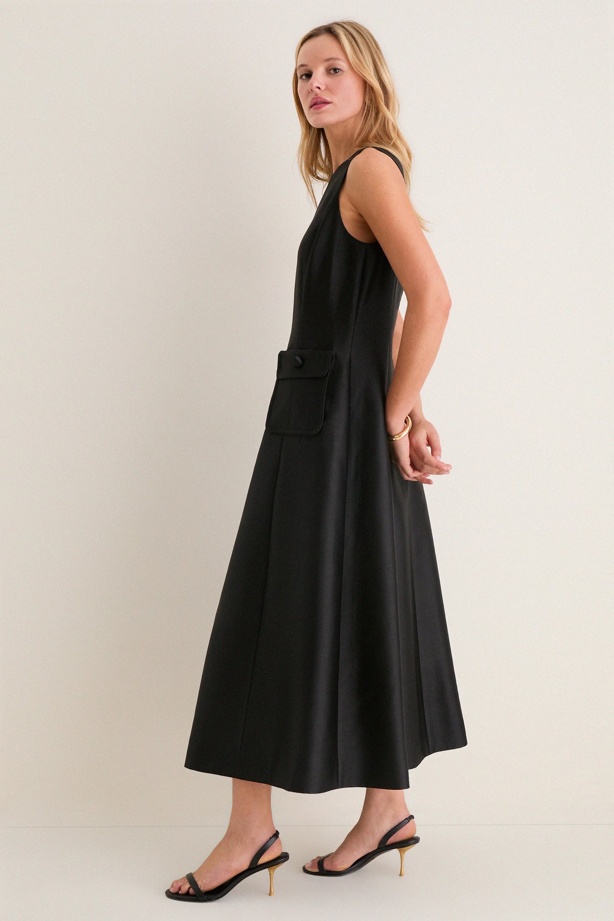 Black Dupioni Helene Midi Dress