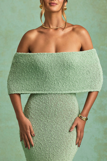 Bouclé Off-Shoulder Maxi Dress in Mint