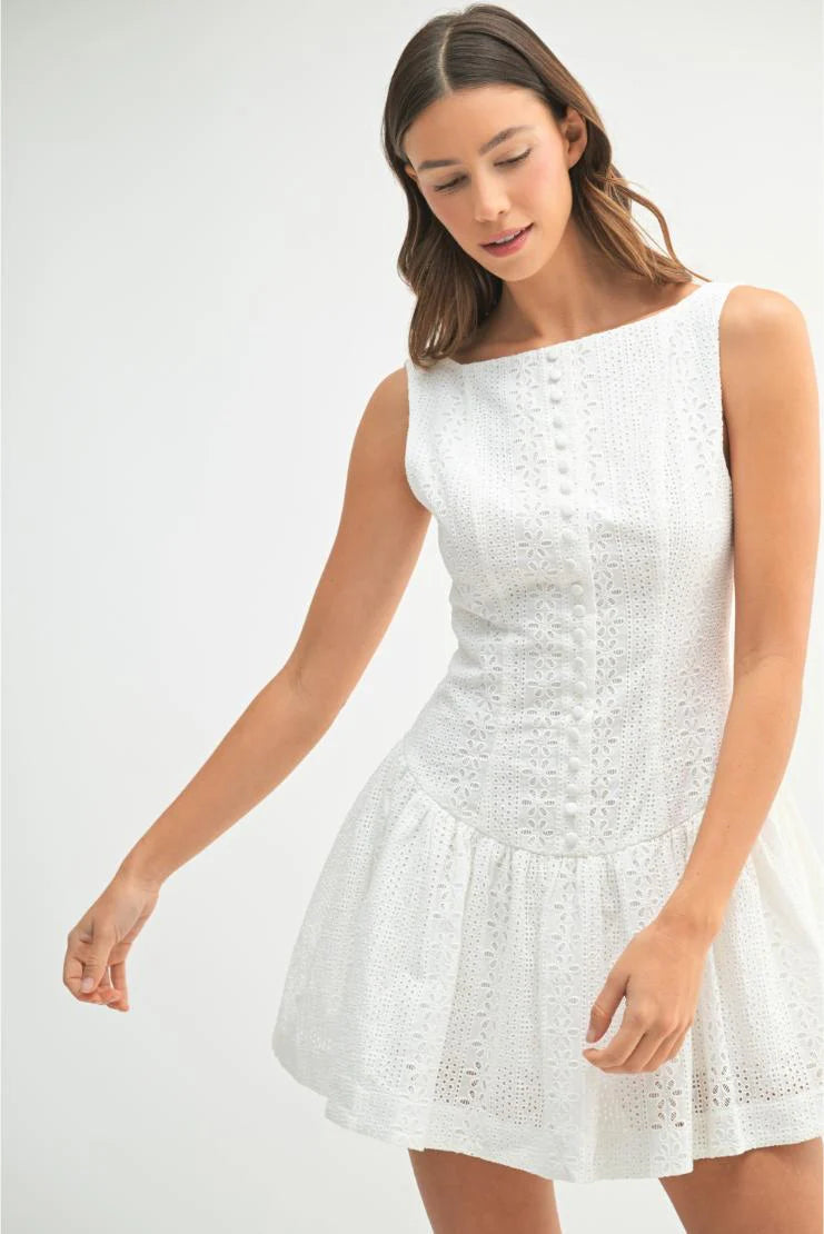 Henley Eyelet Florals Button Up Mini Dress - White
