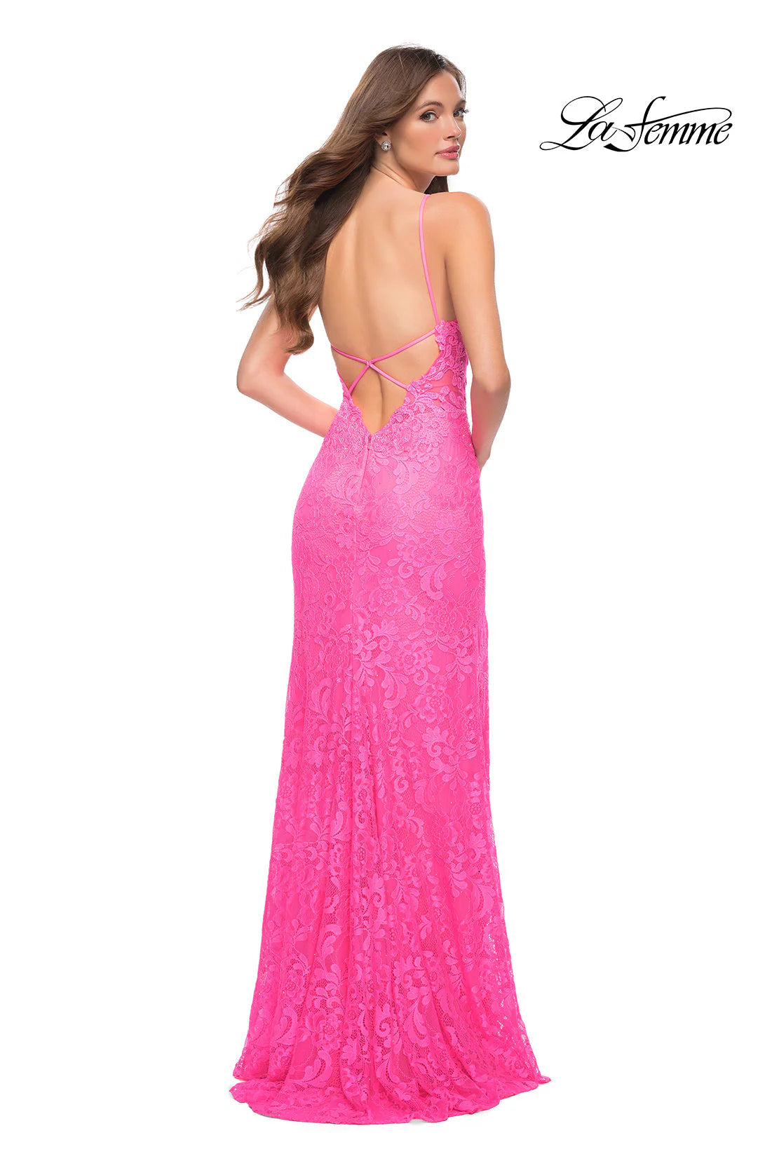 Open-Back La Femme Long Neon Lace Prom Dress