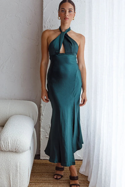 Te Amo Halterneck Open Back Midi Dress Forest Green