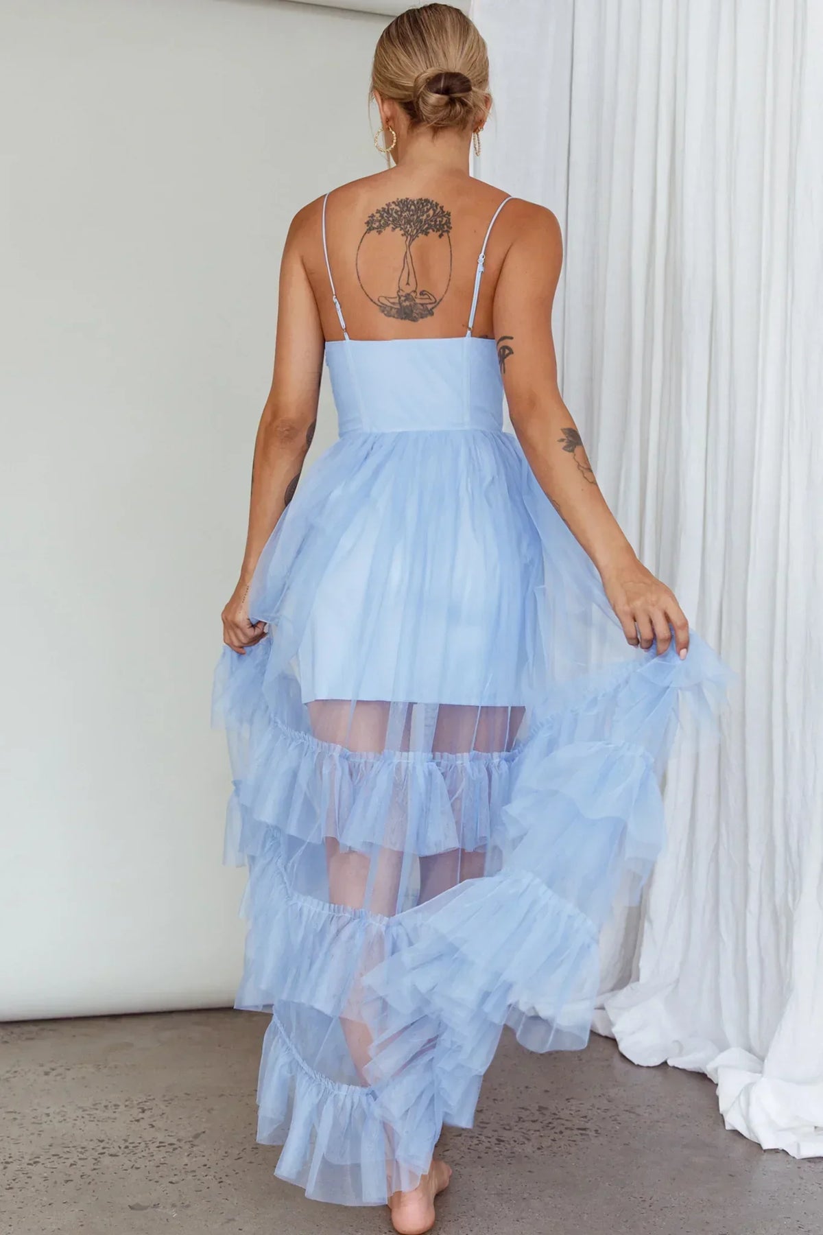 Moonlight Sonata Ruffle Mesh Maxi Dress Sky Blue
