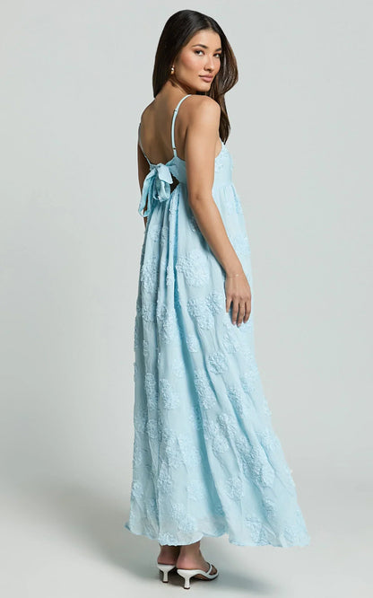 Claya Maxi Dress - Sleeveless Straight Neckline Floral Detail Dress in Pale Blue