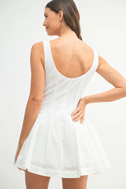 Henley Eyelet Florals Button Up Mini Dress - White