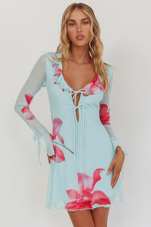 Sea Dreaming Ruffle Trim Mini Dress Floral Blue