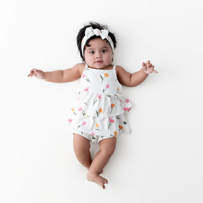 Spaghetti Strap Ruffle Romper in Tulip