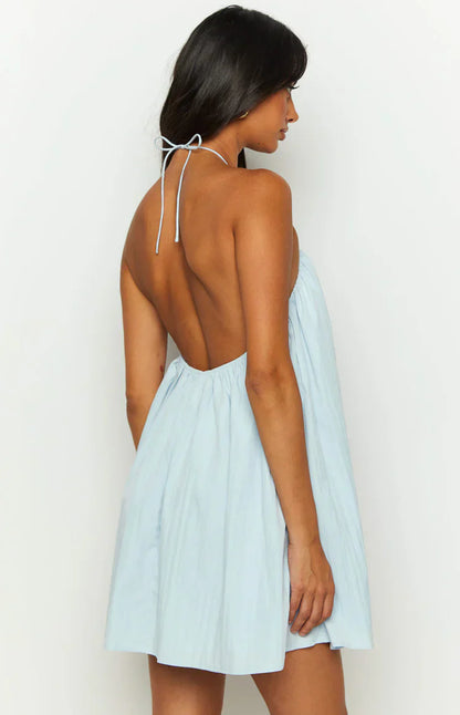 Talei Blue Halter Puff Mini Dress