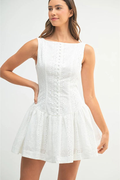 Henley Eyelet Florals Button Up Mini Dress - White