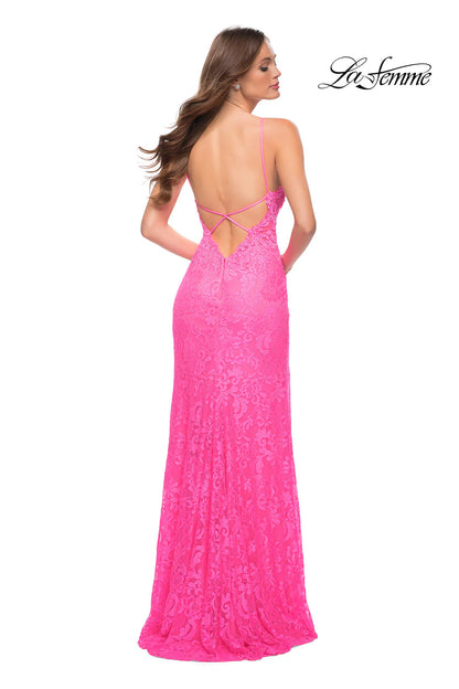 Open-Back La Femme Long Neon Lace Prom Dress