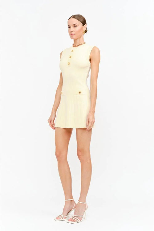 Carly Gold Buttons Knit Mini Dress - Butter Yellow